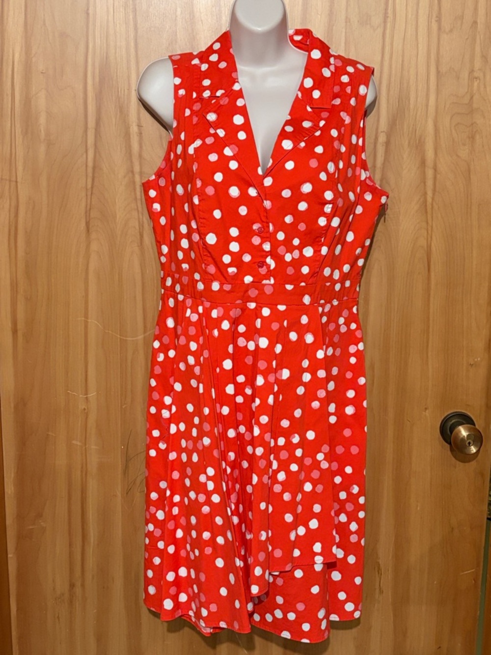DKNY Red and White Polka Dot Sleeveless V-Neck Midi Dress